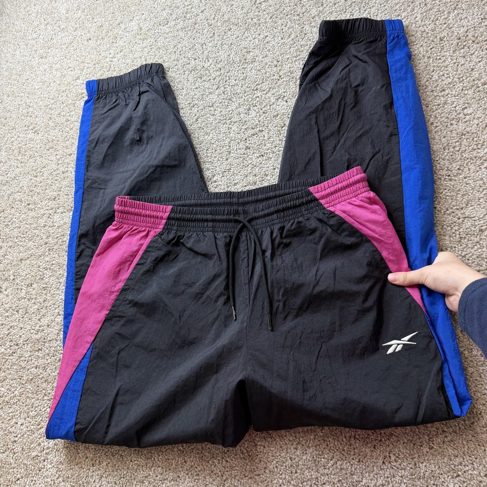 Reebok Track Pants Mens Large Black Pink Blue Colorblock Elastic Waist Pockets